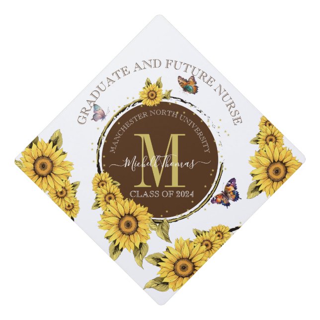 Toque De Diplômé Floral Grad future infirmière tournesol Monogramme (Devant)