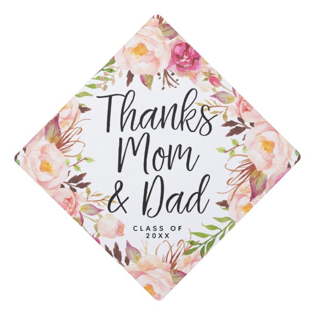 Toque De Diplômé Floral Merci Maman et Papa Graduation Cap Topper (Devant)