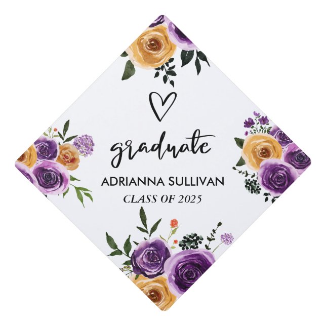 Toque De Diplômé Floral Rose pourpre | Script Graduate Cute Heart (Devant)