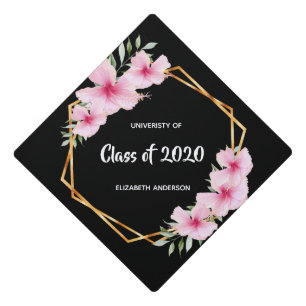 Toque De Diplômé Florales roses or géométrique graduation noire