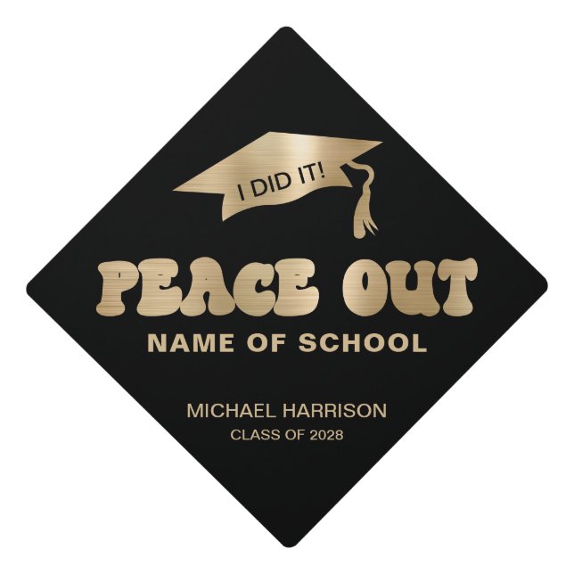 Toque De Diplômé Funny Peace Out Nom de l'école Black Gold (Devant)