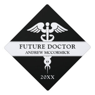 Toque De Diplômé Futur docteur en noir et blanc Caduceus Médicale