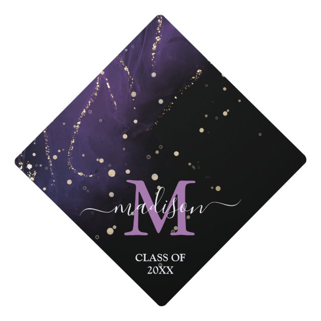 Toque De Diplômé Glam Hot Purple Sparkle Chic Nom du monogramme (Devant)