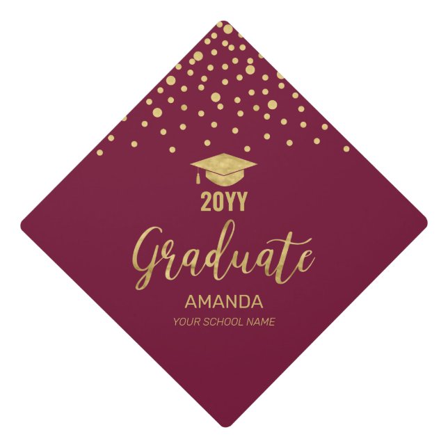 Toque De Diplômé Gold & Burgundy Red Confetti Diplôme personnalisé (Devant)