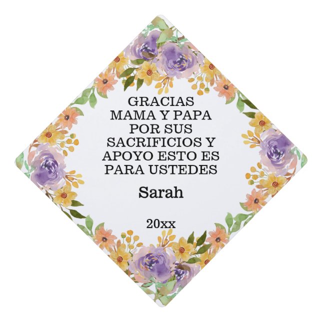 Toque De Diplômé Gracias Mama Y Papa Espagnol Aquarelle Fleurs (Devant)