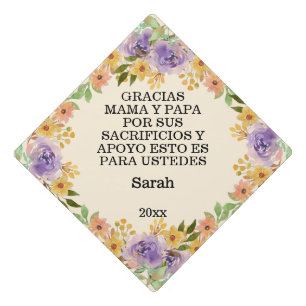Toque De Diplômé Gracias Mama Y Papa Espagnol Aquarelle Fleurs