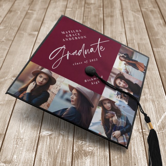 Toque De Diplômé Graduation multi photo moderne élégant bordeaux (Créateur téléchargé)
