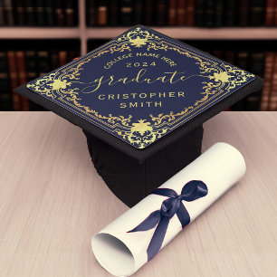 Toque De Diplômé Gradué Elégant Marine Blue Faux Gold Foil Vintage