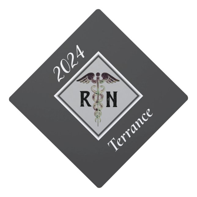 Toque De Diplômé Gris personnalisé par caducée de RN d'infirmier (Devant)