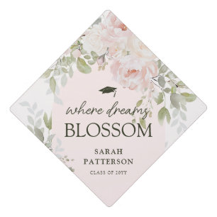 Toque De Diplômé Haut Élégant à Fleurs Roses avec Pompon