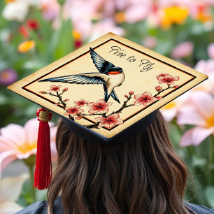 Toque De Diplômé Hirondelle élégante en vol Fleurs de cerisiers Sym