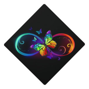 Toque De Diplômé Infini vibrant avec papillon arc-en-ciel sur noir