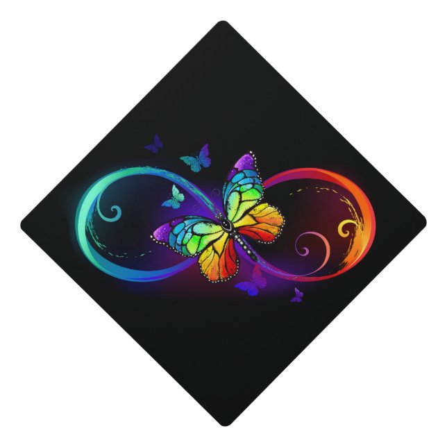 Toque De Diplômé Infini vibrant avec papillon arc-en-ciel sur noir (Devant)