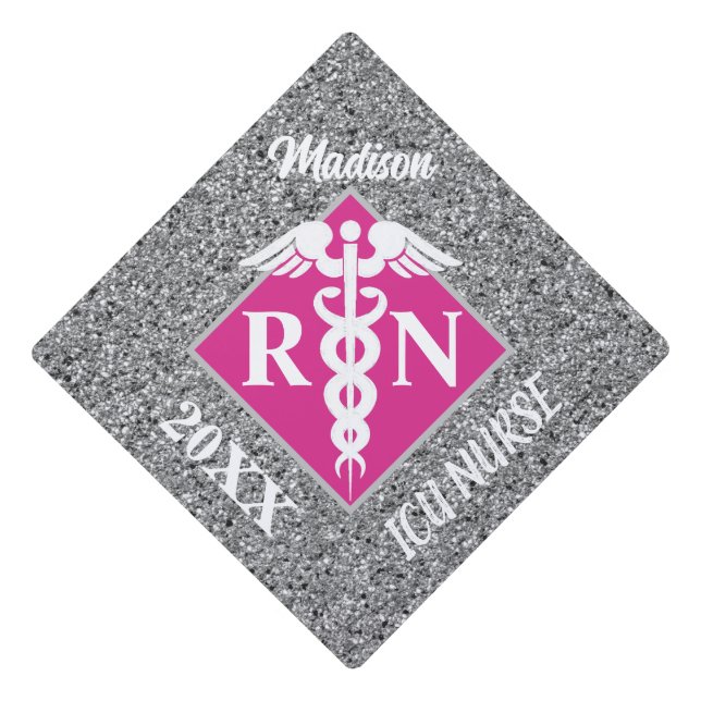 Toque De Diplômé Infirmière inscrite ICU Caduceus Pink Silver Parti (Devant)
