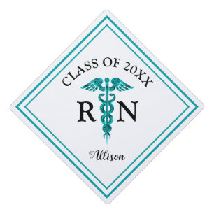 Toque De Diplômé Infirmière RN White Turquoise Caduceus Personnali