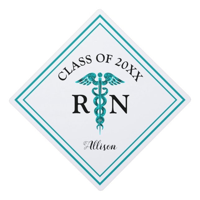 Toque De Diplômé Infirmière RN White Turquoise Caduceus Personnalis (Devant)