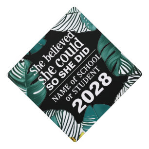 Toque De Diplômé Inspiration Noir et Blanc Feuilles de Jungle Tropi
