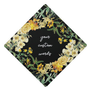 Toque De Diplômé Jaune Aquarelle Fleurs Script Texte Floral