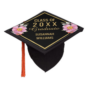 Toque De Diplômé Jolie couleur or rose florale Aquarelle 2025