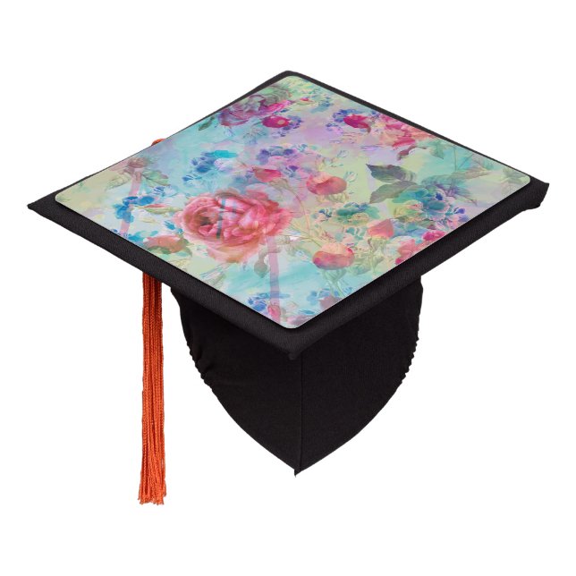 Toque De Diplômé Jolie peinture rose à fleurs aquarelles design (Incliné)
