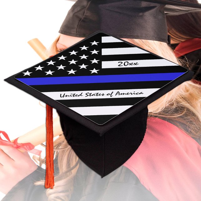 Toque De Diplômé Ligne Bleue Mince & Police américaine du Drapeau / (Créateur téléchargé)
