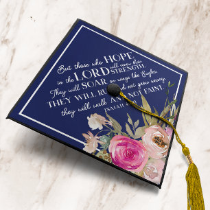 Toque De Diplômé Marine Bleu rose floral Bible Verse Isaïe 40