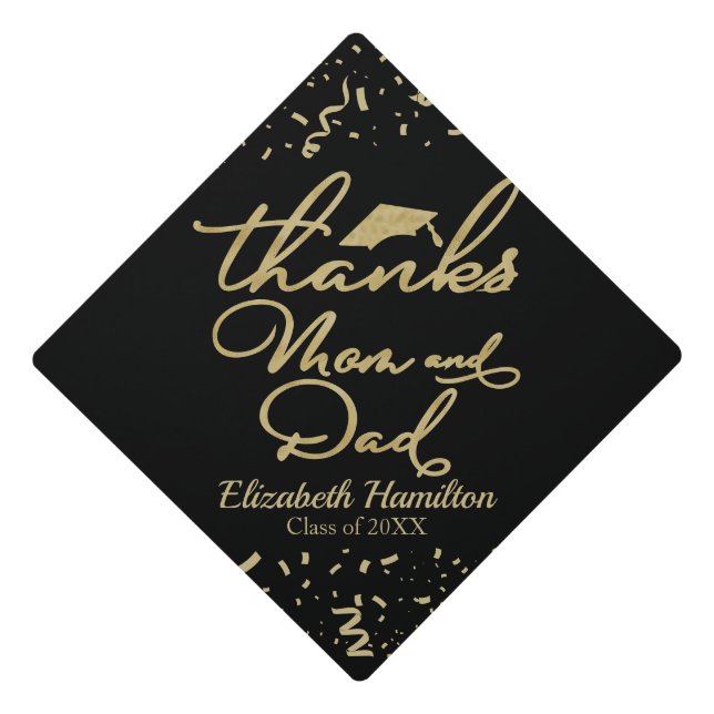 Toque De Diplômé Merci Maman Et Papa Gold Noir Calligraphie (Devant)