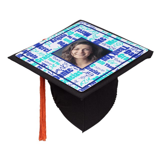 Toque De Diplômé  Merci multilingue bleu Collage Photo personnalisé (Incliné)