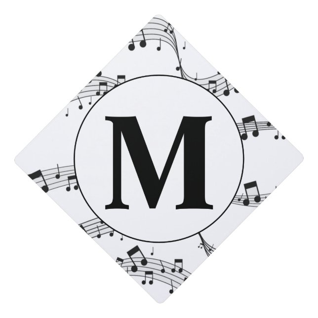 Toque De Diplômé Monogramme de note de musique noire et blanche (Devant)