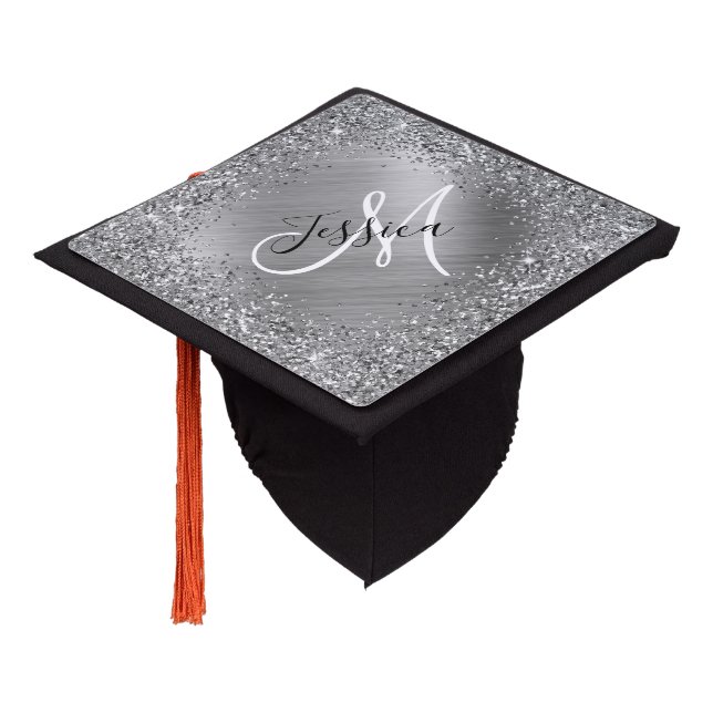 Toque De Diplômé Monogramme de Parties scintillant d'argent et d'hu (Incliné)