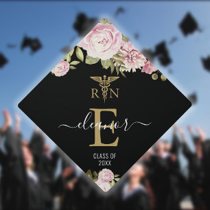 Toque De Diplômé Monogramme Doré Élégant Fleurs Médicales Infirmièr