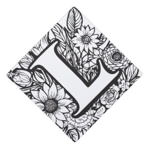 Toque De Diplômé Monogramme Fleur d'encre personnalisée noir et bla