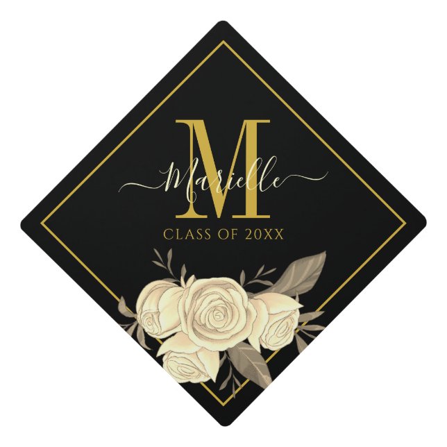 Toque De Diplômé Monogramme or Flores blanches (Devant)