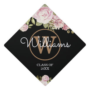 Toque De Diplômé Monogramme or Nom du script Roses roses roses rose