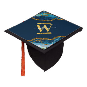 Toque De Diplômé Monogramme Pailleté Géode d'Agate Bleu & Or