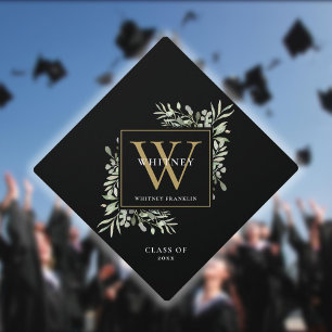 Toque De Diplômé Monogramme personnalisé en or noir avec verdure