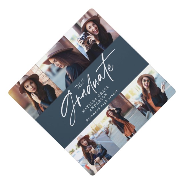Toque De Diplômé Multi photo moderne élégant script bleu marine (Devant)