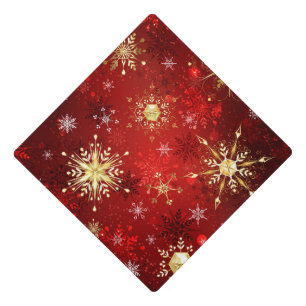 Toque De Diplômé Noël Golden Snowflakes sur Arrière - plan rouge