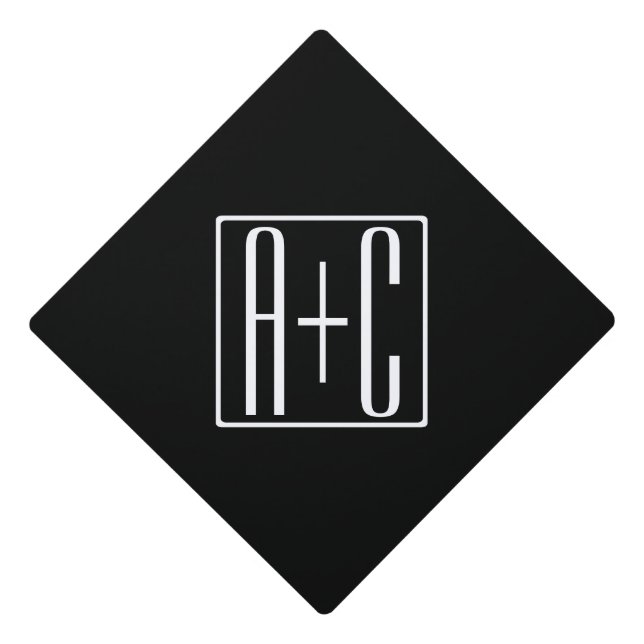 Toque De Diplômé Noir & Blanc | Initiales de couple (Devant)