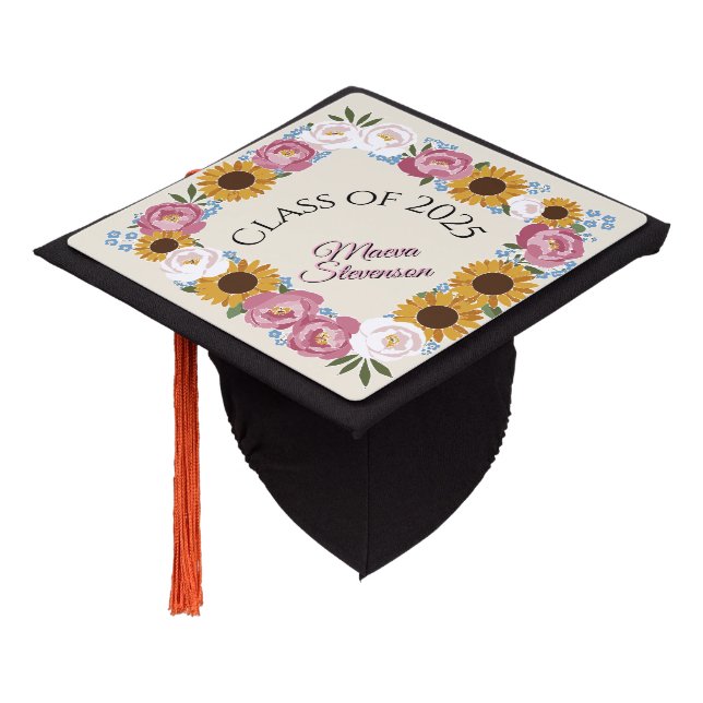 Toque De Diplômé Nom personnalisé du cadre floral (Incliné)