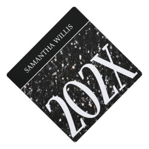 Toque De Diplômé Paillettes noires et blanches scintillantes Nom pe