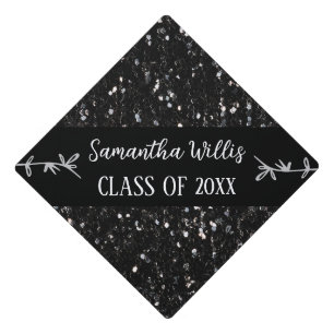 Toque De Diplômé Paillettes noires et blanches scintillantes Nom pe