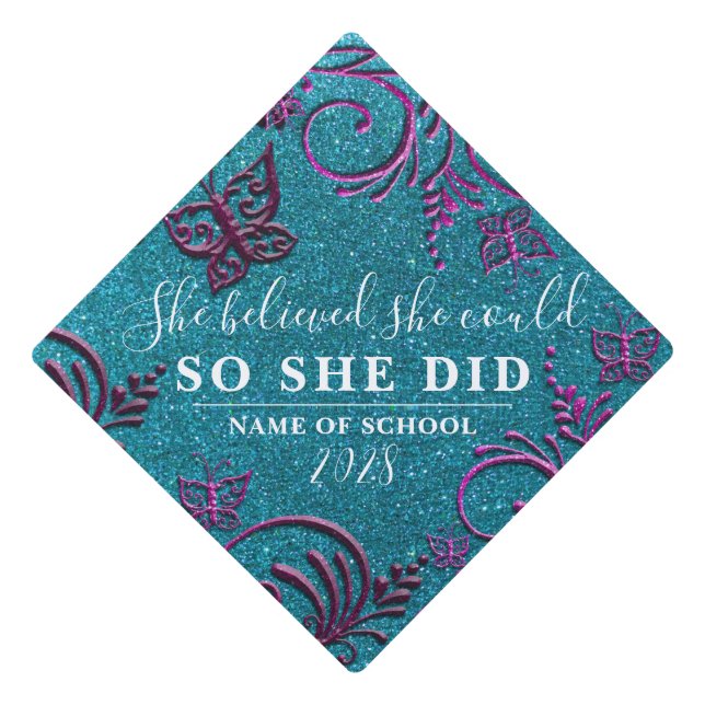 Toque De Diplômé Papillon floral bleu turquoise Parties scintillant (Devant)