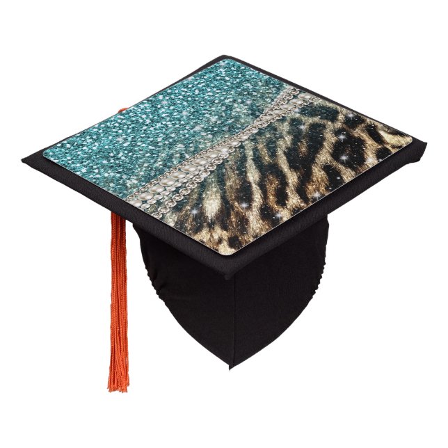 Toque De Diplômé Parties scintillant Bleu Empreinte de léopard chic (Incliné)