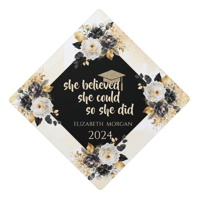 Toque De Diplômé Parties scintillant Casquette diplômé en or, Fleur (Devant)