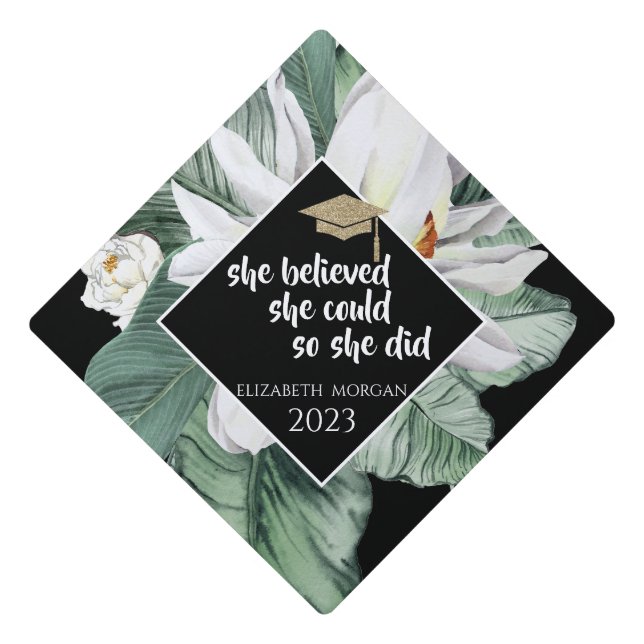 Toque De Diplômé Parties scintillant Feuille de fleurs tropicales C (Devant)