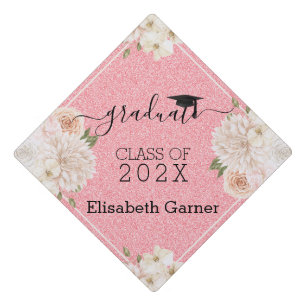 Toque De Diplômé Parties scintillant rose Fleurs beiges Tassel Topp