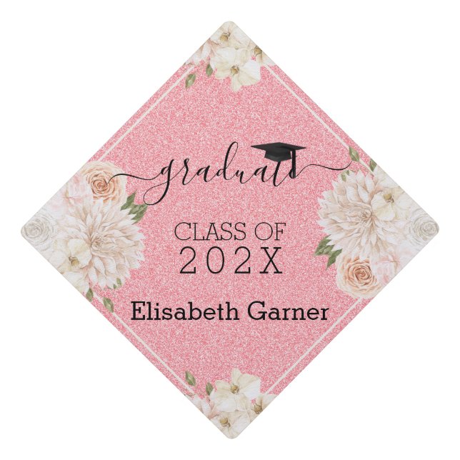 Toque De Diplômé Parties scintillant rose Fleurs beiges Tassel Topp (Devant)