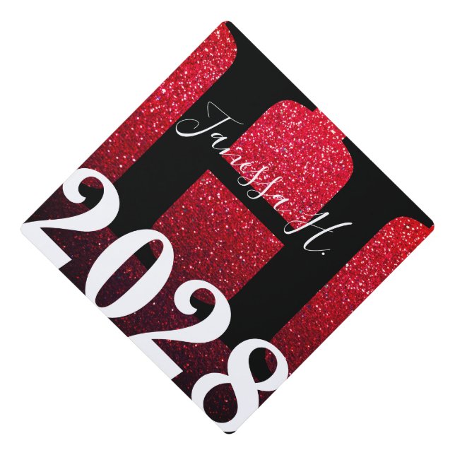 Toque De Diplômé Parties scintillant rouge noir Ombre Monogramme No (Devant)