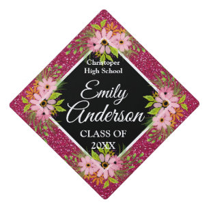 Toque De Diplômé Pink Floral rose Parties scintillant Nom Année Éco